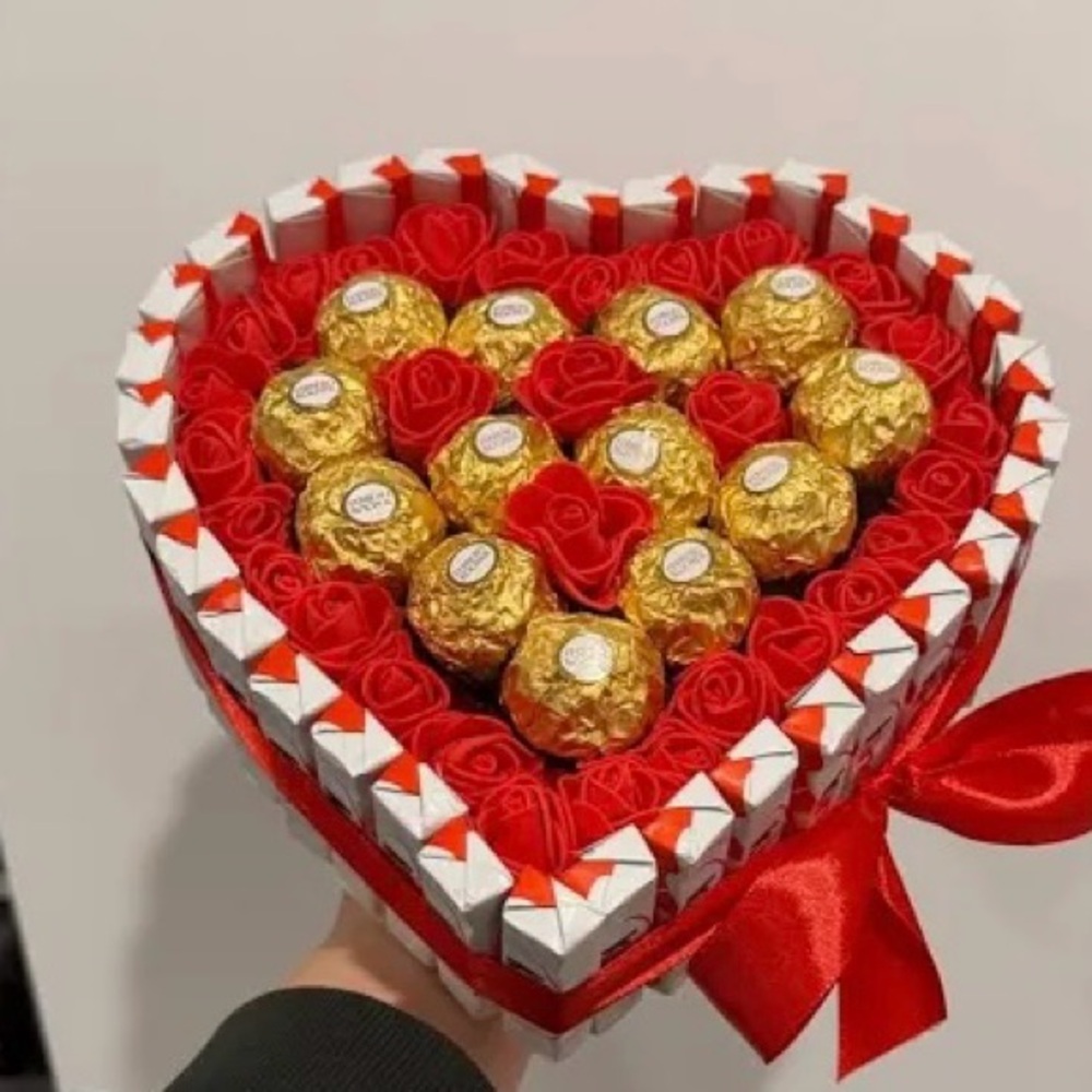 Heart-Shaped Chocolate Gift Box with Red Roses
